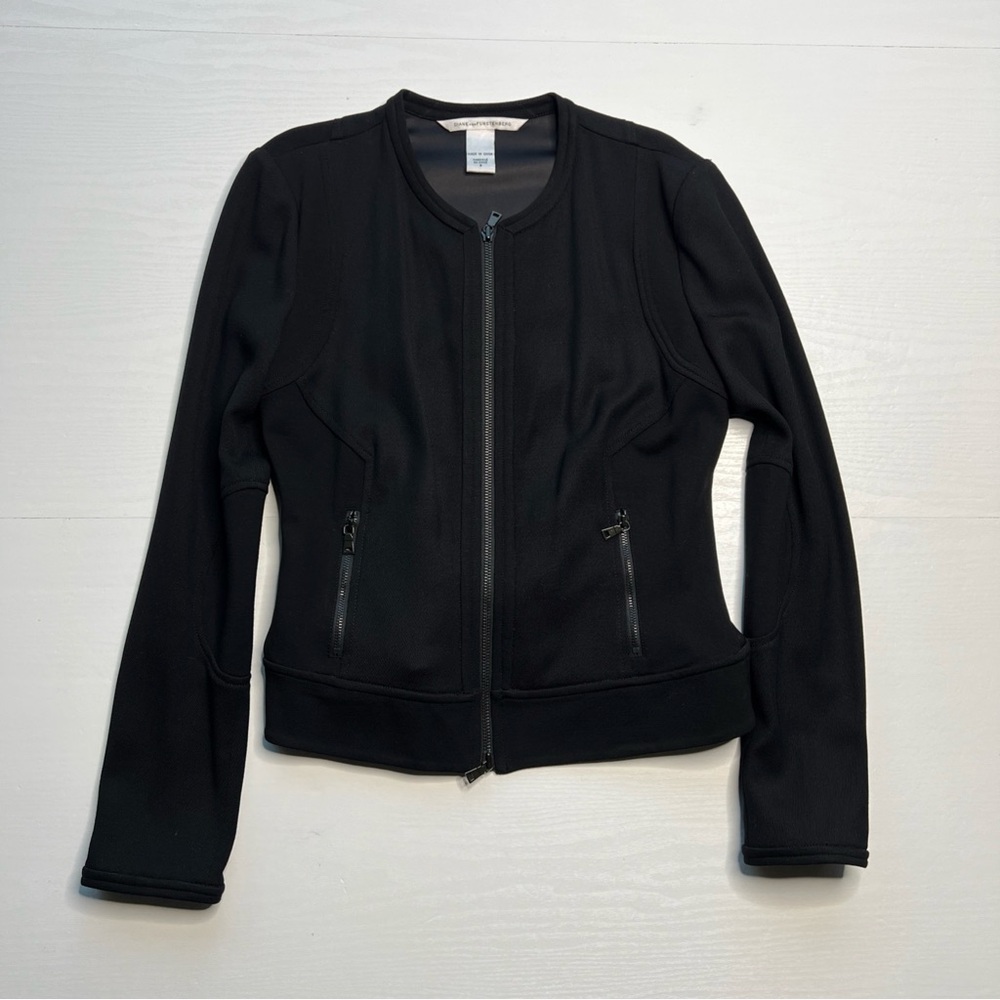 Diane Von Furstenberg Moto Jacket Womens 8 Black Wool Long Sleeve Waist Length